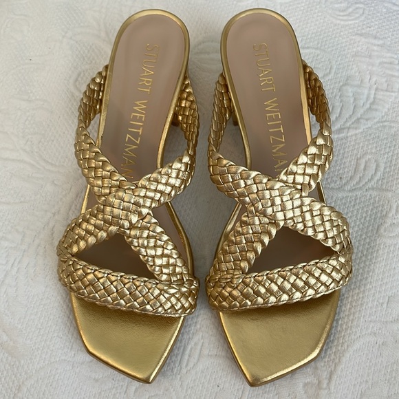 NWT Stuart Weitzman Gold Rosie Woven Block Heel Side Sandals size 8 - Picture 5 of 16